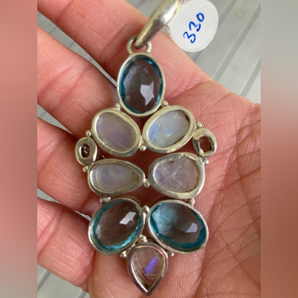 NWT HUGE Gemstone Pendant Rainbow Moonstone Blue Quartz Blue Topaz STERLING - Picture 6 of 9